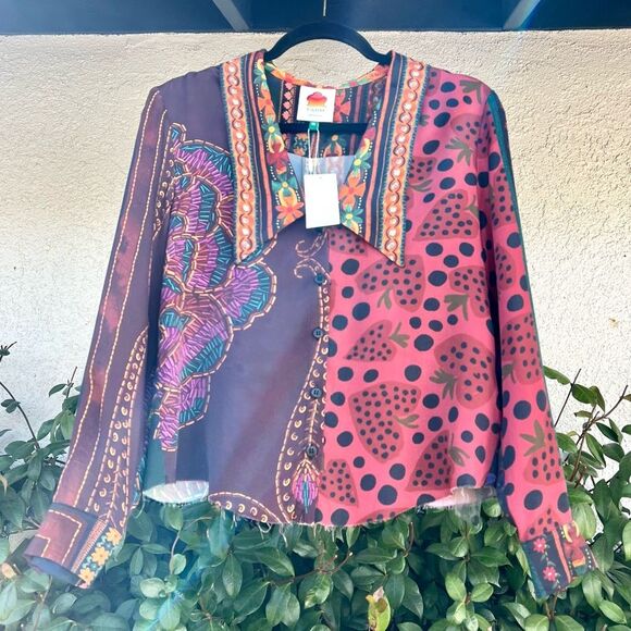 Farm Rio Mixed Scarves Button-Up Shirt NWT With Crop Alteration Size X-Small - Picture 9 of 9